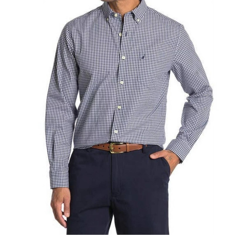 Nautica Men’s  Blue White Gingham Long Sleeve Oxford Shirt Medium